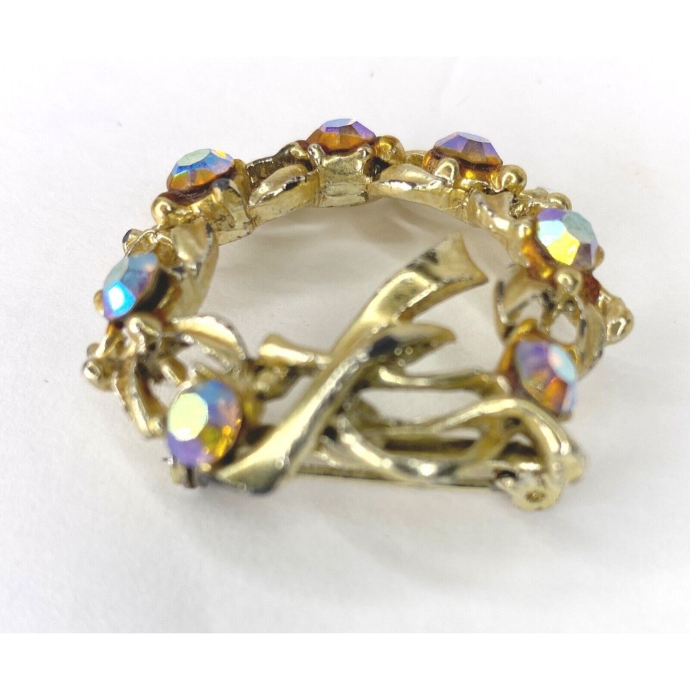 1960 Gold Tone Aurora Vintage Brooch Rhinestones, Circle - Picture 4 of 10